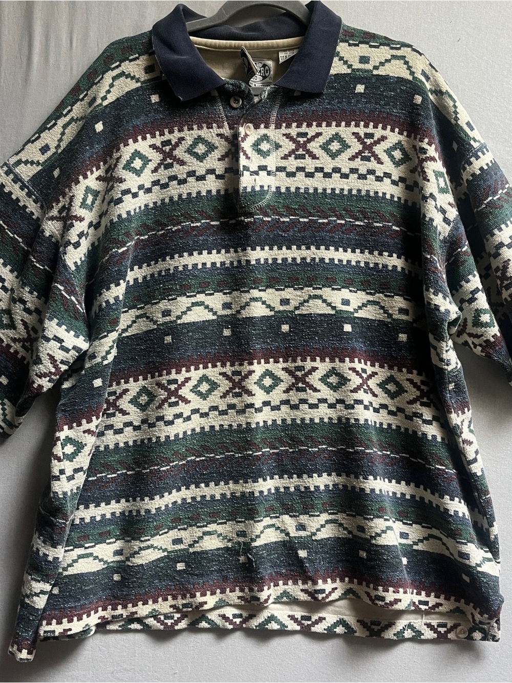 Vintage Point Zero Aztec Geometric Cotton Knit Long Sleeve Polo Mens M